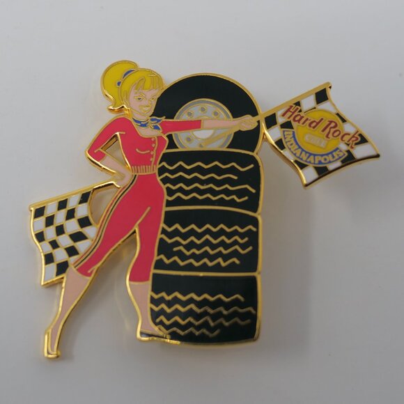 NEW Hard Rock Cafe Indianapolis Pit Girl Checkered Flags In Front Of Tires Pin - Picture 1 of 3